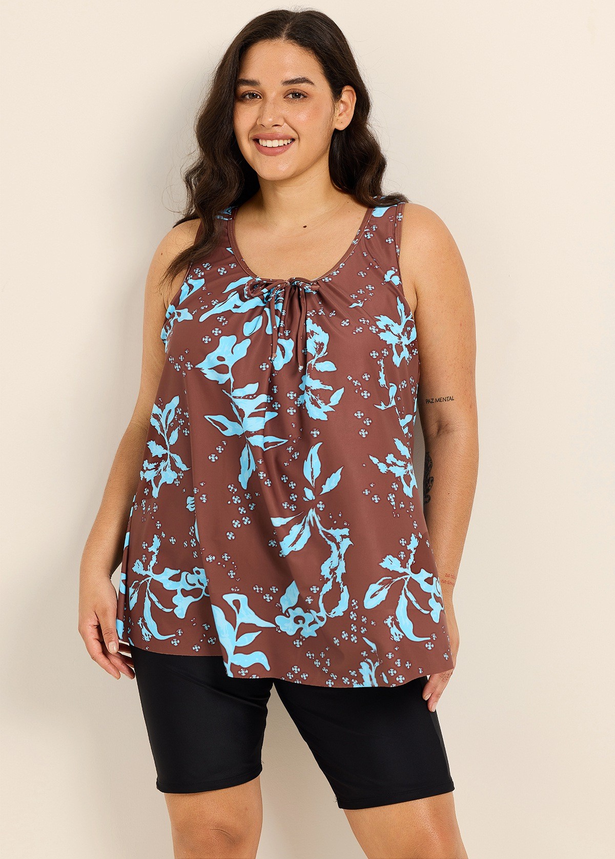 Curvy Brown Blue Tropical Leaf Vintage Wide Strap Loose Fit Plus Size Swimsuit Long Tankini Top