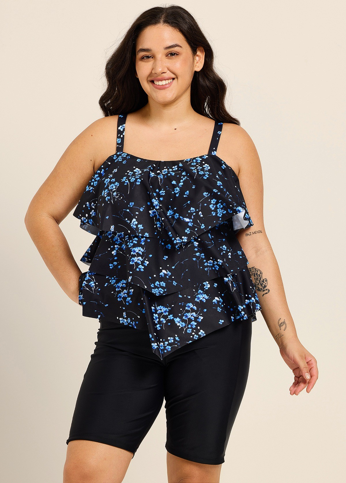 Black Floral Print Modest Layered Ruffles Plus Size Women's Swimsuit Tankini Top