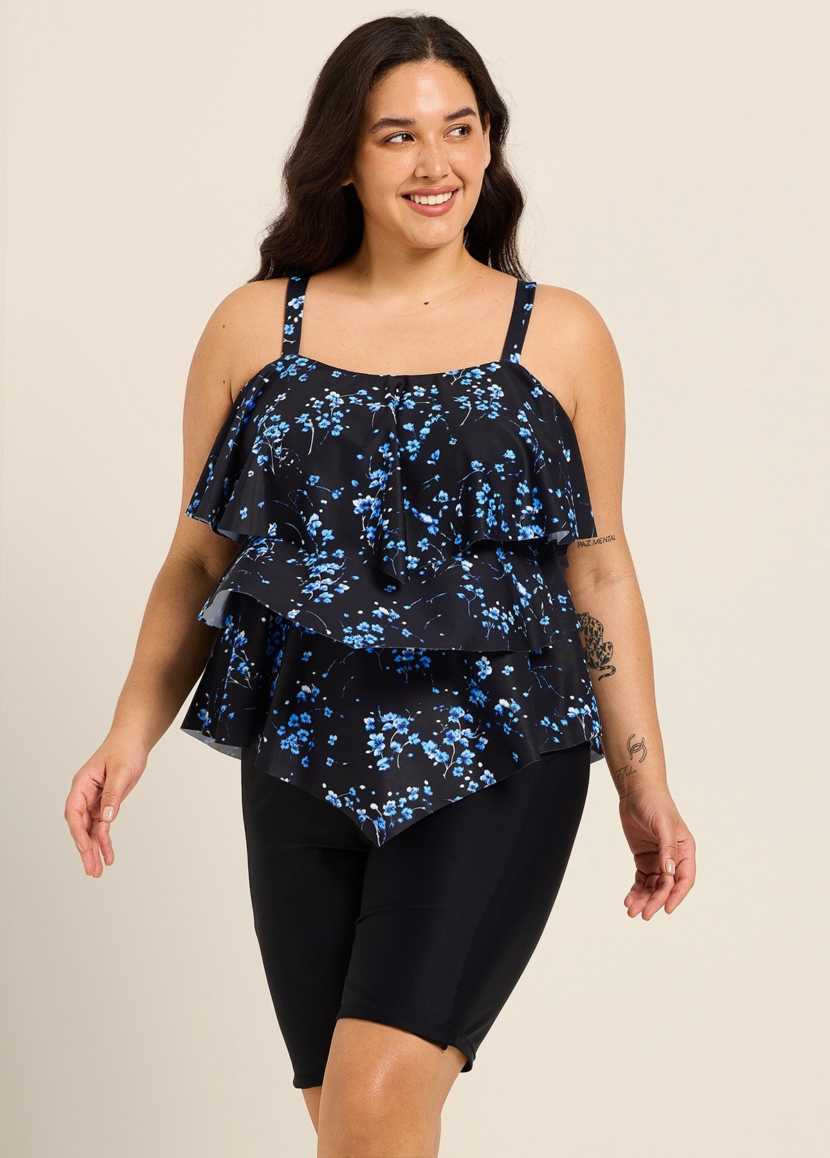 Black Floral Print Modest Layered Ruffles Plus Size Women's Swimsuit Tankini Top