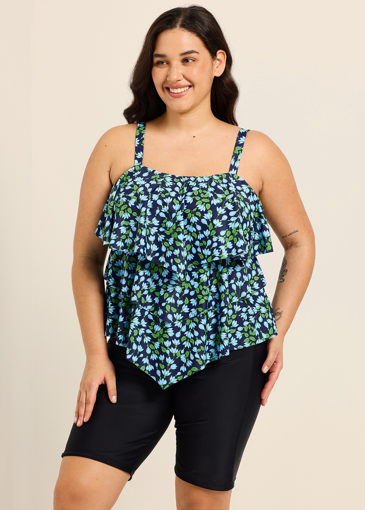 Blue Green Floral Vintage Layered Ruffles Curvy Women's Swimsuit Tankini Top