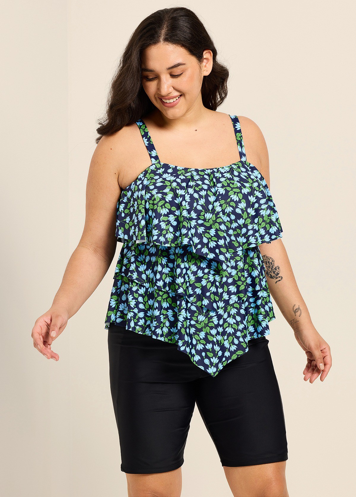 Blue Green Floral Vintage Layered Ruffles Curvy Women's Swimsuit Tankini Top