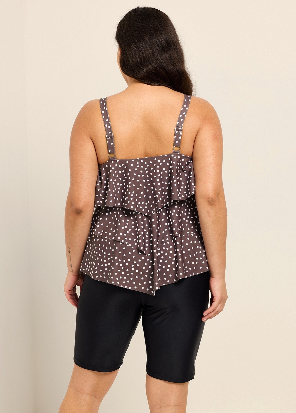 Plus Size Brown White Polka Dot Flattering Layered Ruffles Plus Size Women's Swimsuit Tankini Top