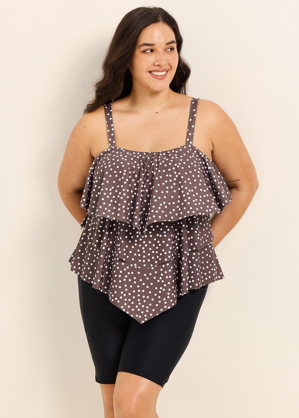 Plus Size Brown White Polka Dot Flattering Layered Ruffles Plus Size Women's Swimsuit Tankini Top