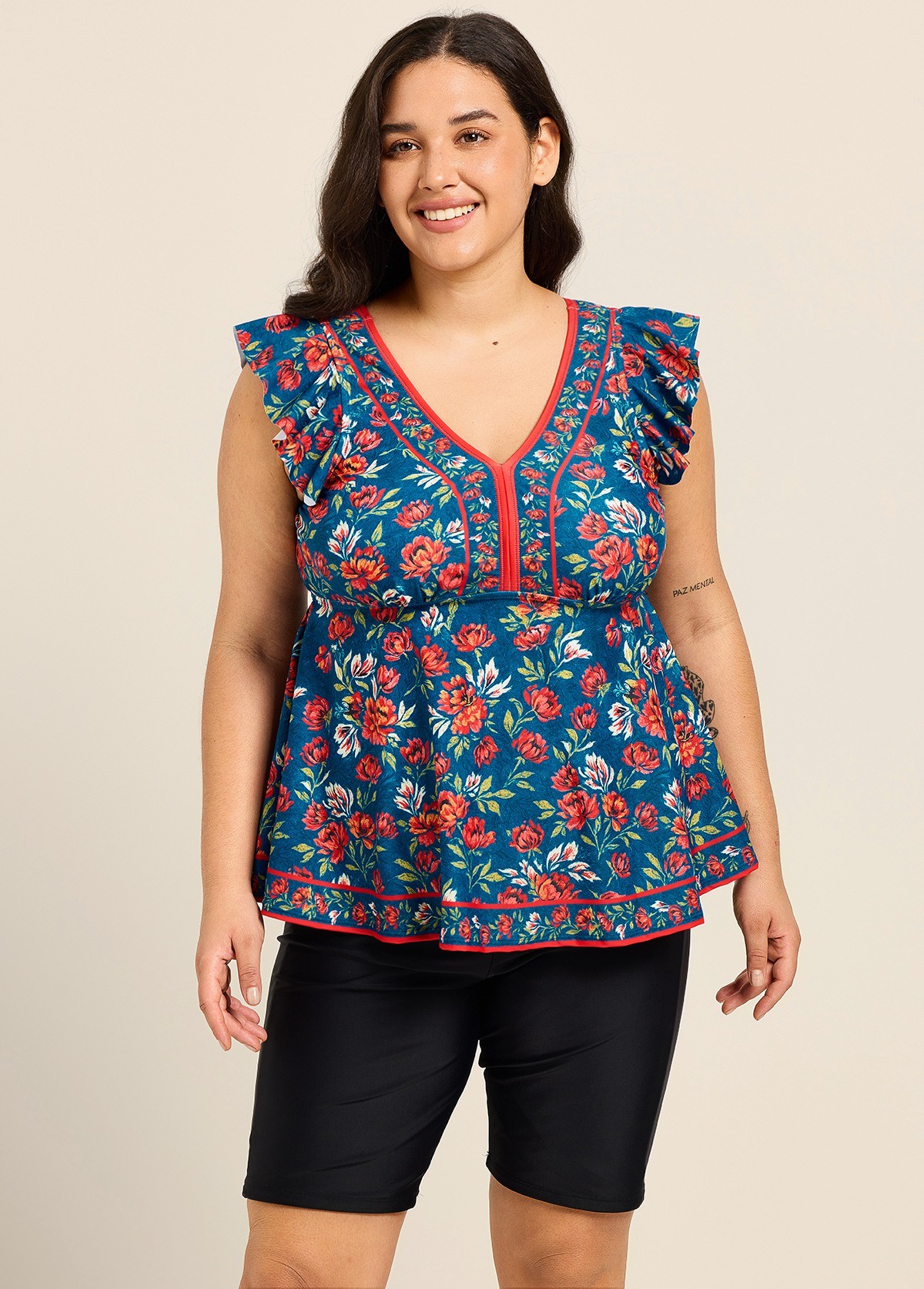 Curvy Blue Red Floral V Neck Cap Sleeves Vintage Ruffle Swimsuit Tankini Top