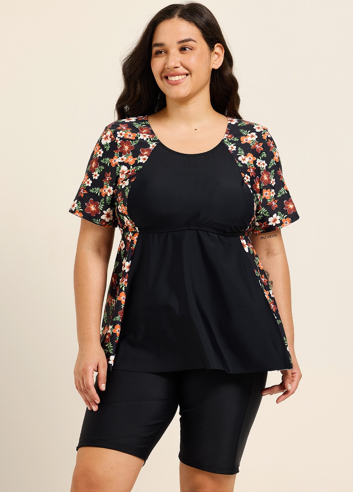 Black Floral Print Upf50+ Short Sleeves Vintage Plus Size Swimsuit Tankini Top