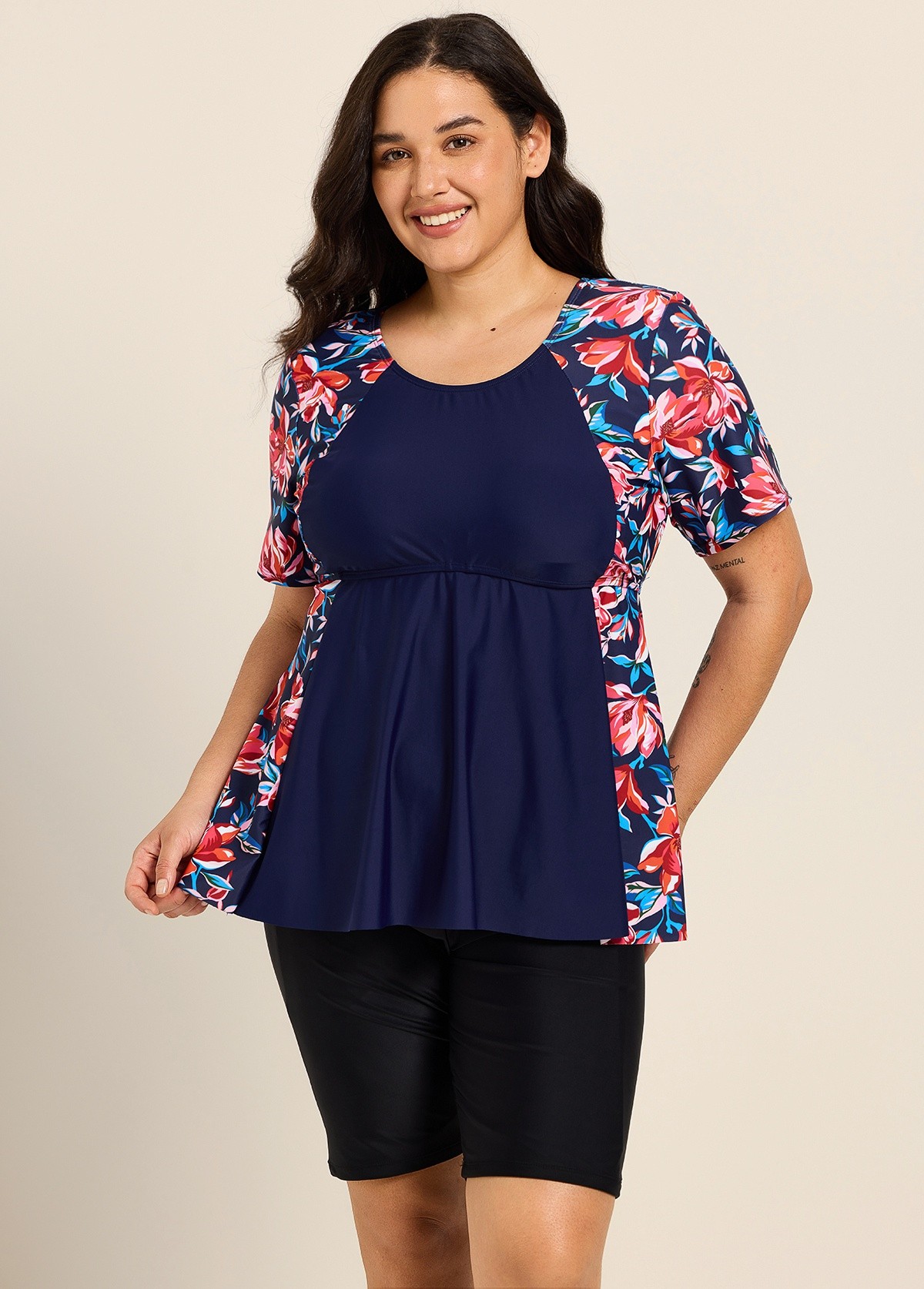 Curvy Red Floral Scoop Neck Upf50+ Short Sleeves Modest Women's Swimsuit Shirt Tankini Top