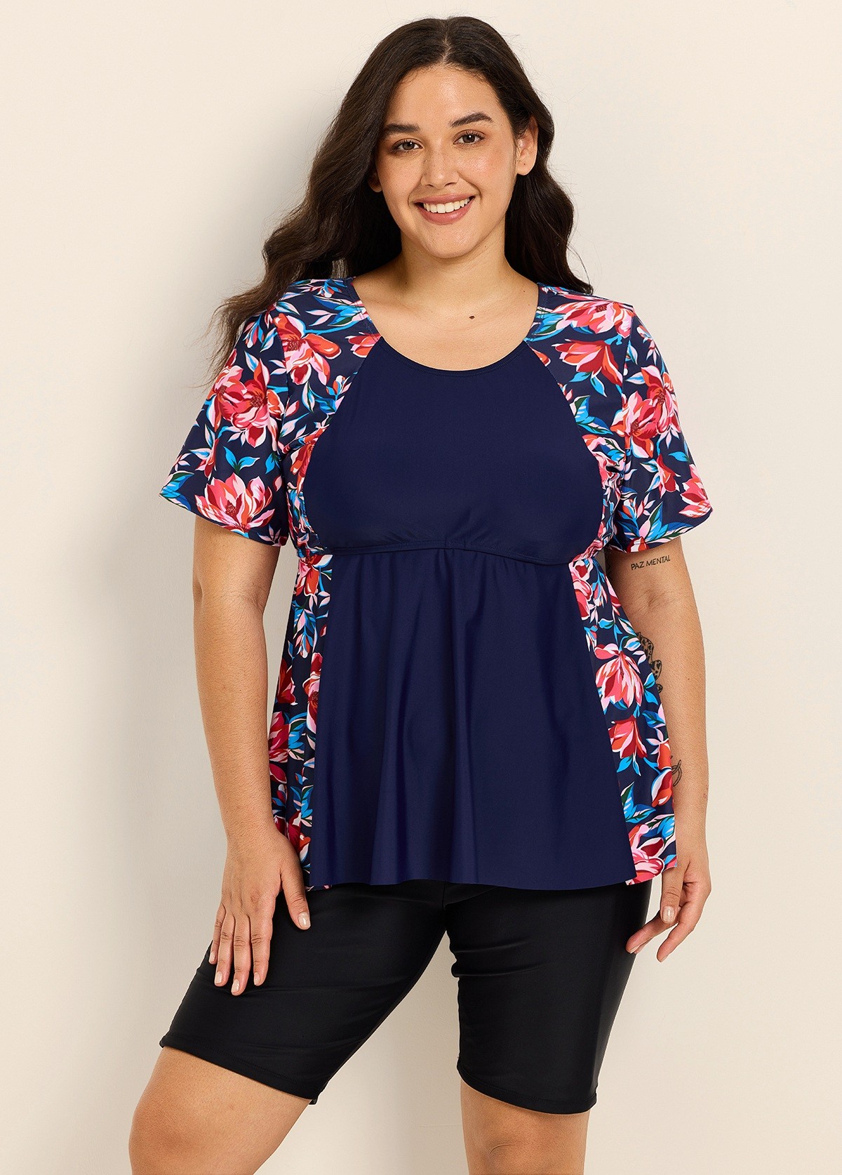 Curvy Red Floral Scoop Neck Upf50+ Short Sleeves Modest Women's Swimsuit Shirt Tankini Top