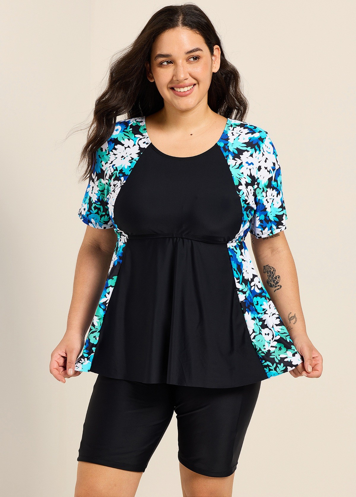 Plus Size Blue Floral Scoop Neck Upf50+ Short Sleeves Vintage Women's Swimsuit Shirt Tankini Top