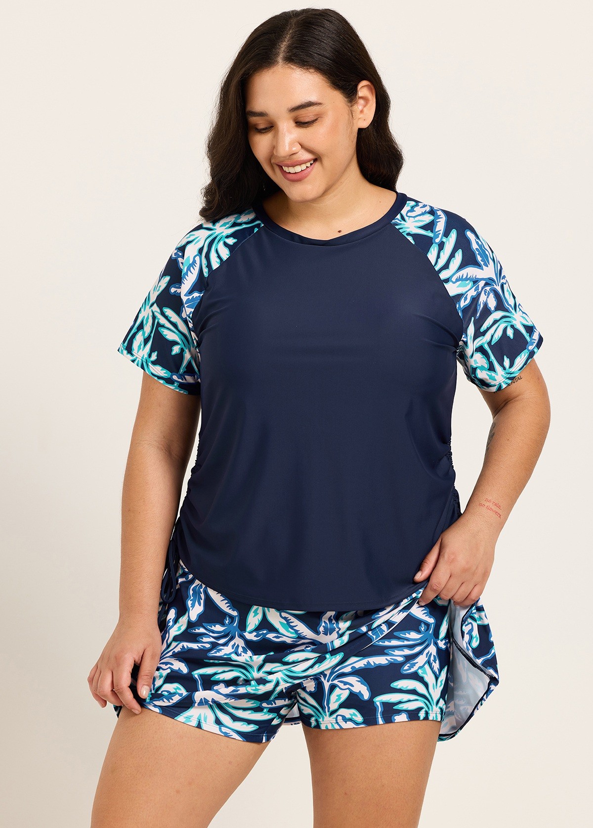Plus Size Blue Leaf Upf50+ Short Sleeves Modest Side Drawstring Women's Swimsuit Tankini Top
