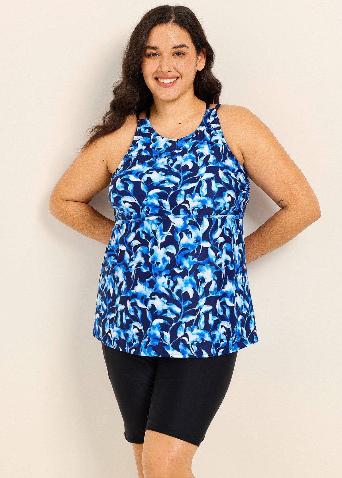 Blue Floral Print High Neck Flattering Curvy Women's Swimsuit Tankini Top