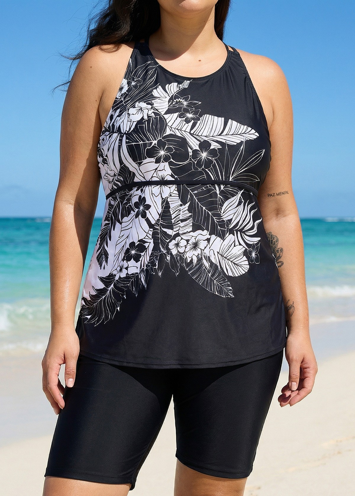 Plus Size Black Tropical Floral Print High Neck Modest Women's Swimsuit Tankini Top