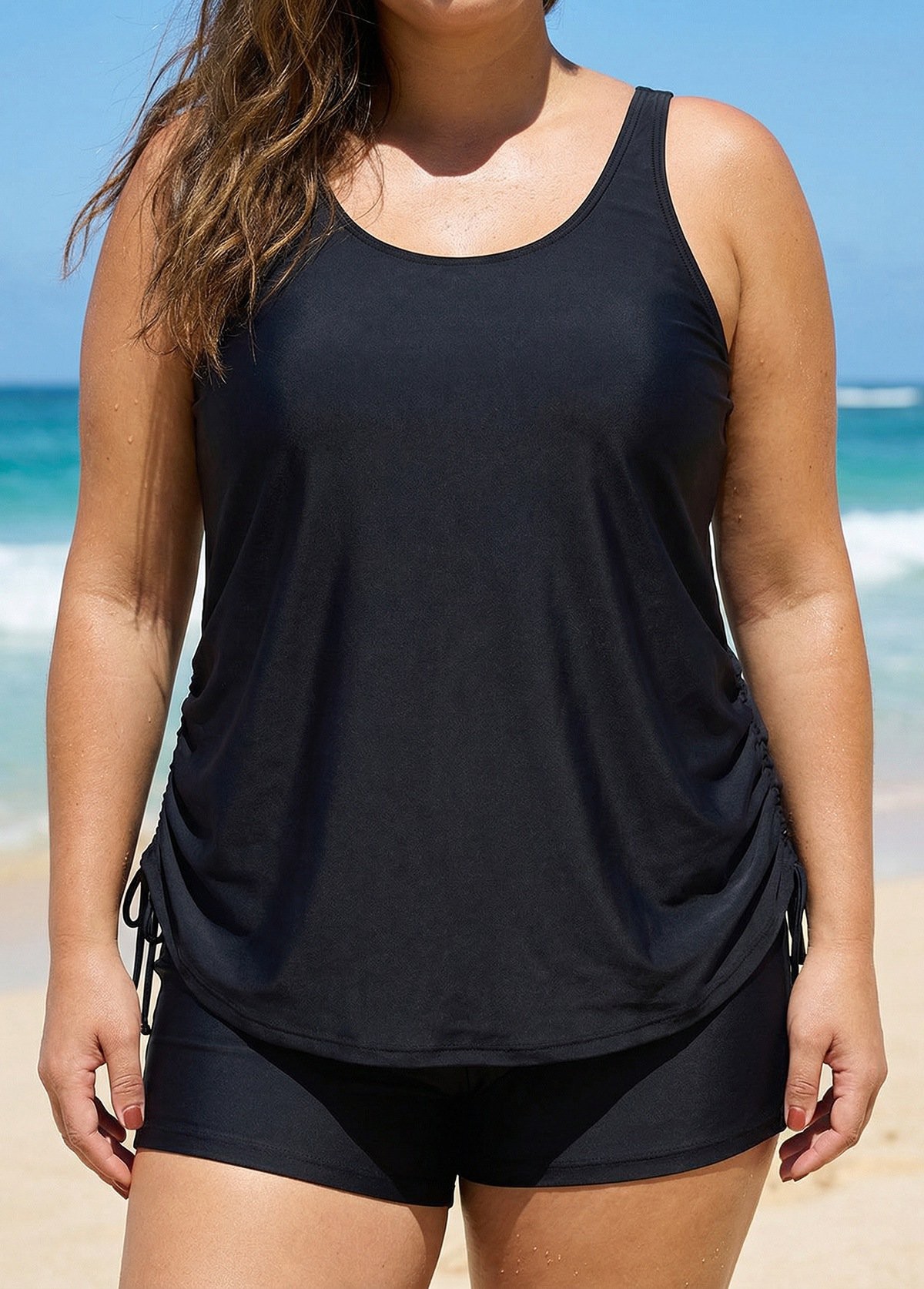 Black Solid Color Drawstring Plus Size Tankini Top