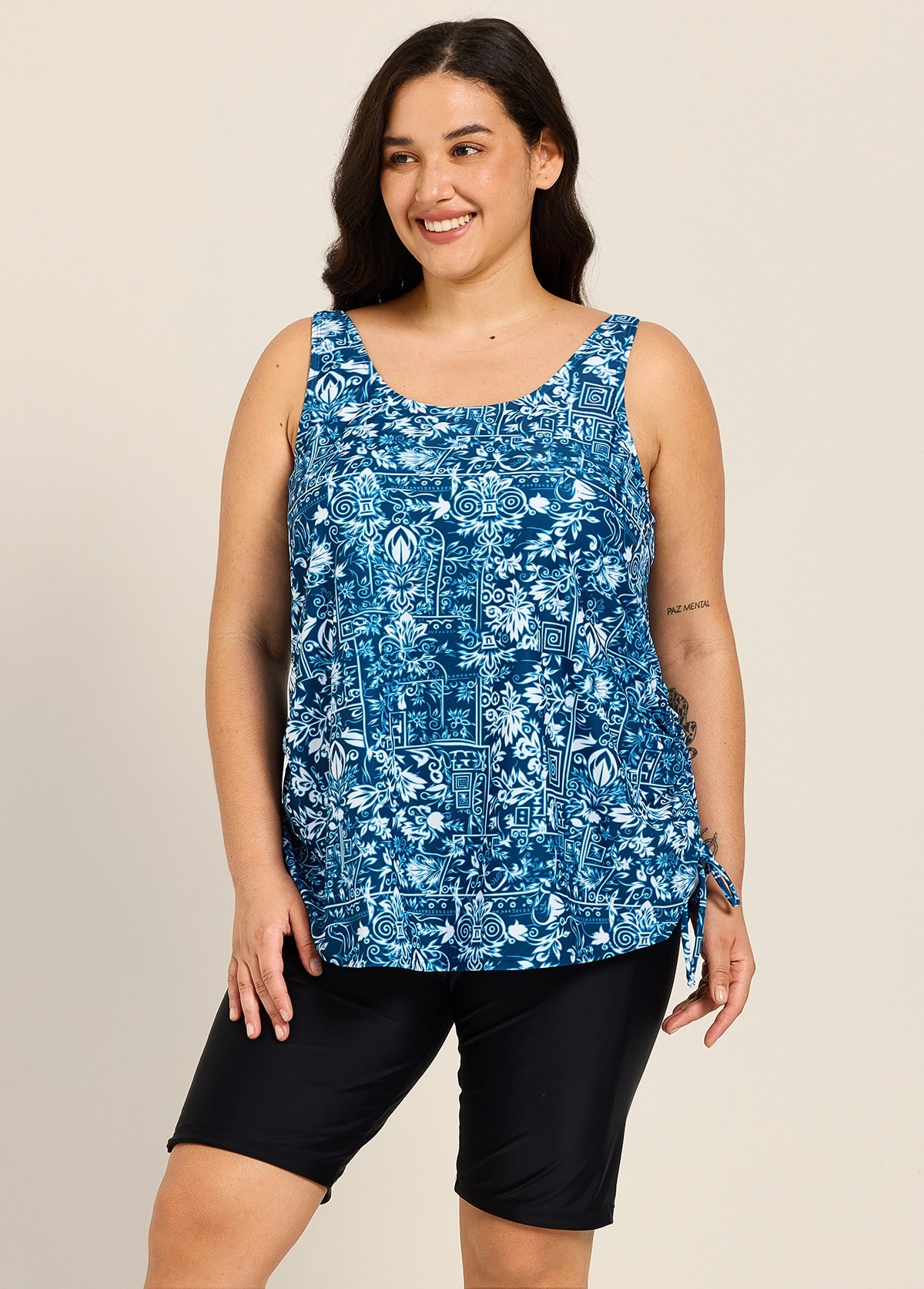 Navy Blue Floral Scoop Neck Vintage Drawstring Plus Size Women's Swimsuit Tankini Top