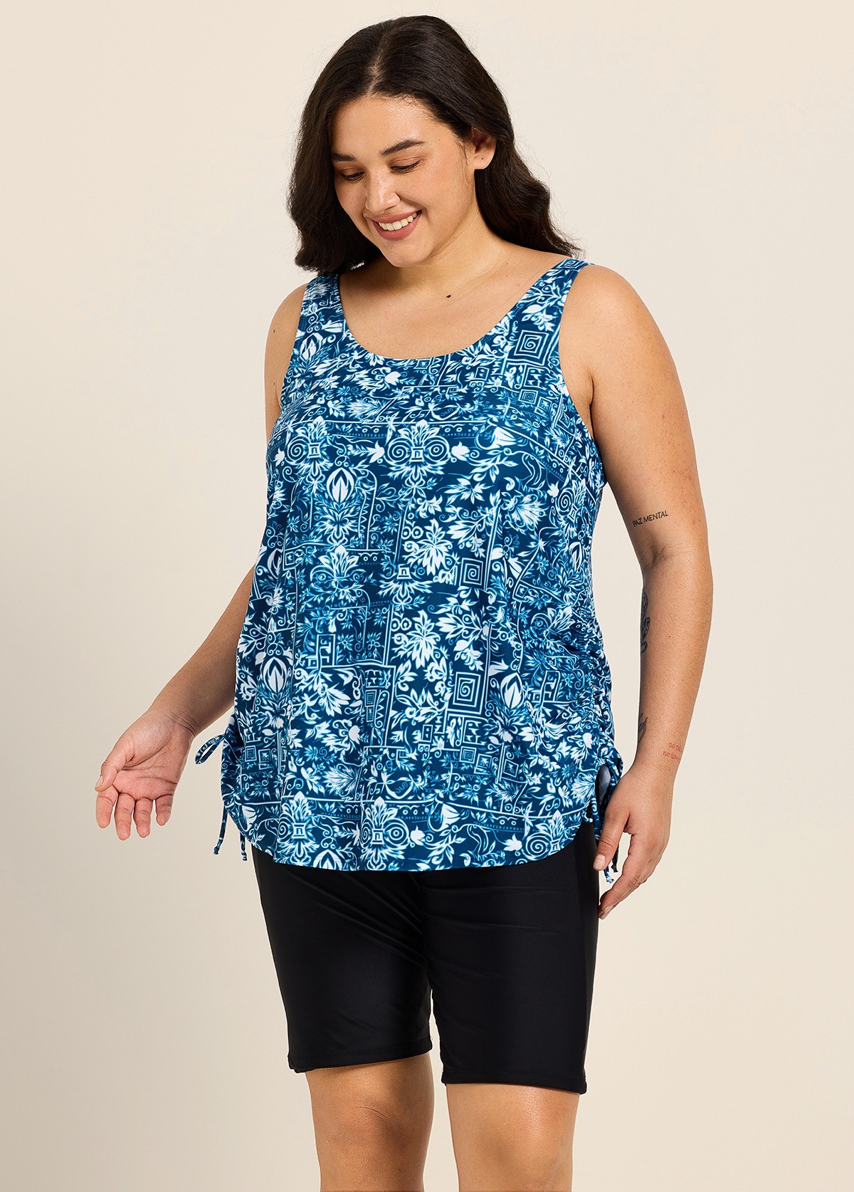 Navy Blue Floral Scoop Neck Vintage Drawstring Plus Size Women's Swimsuit Tankini Top