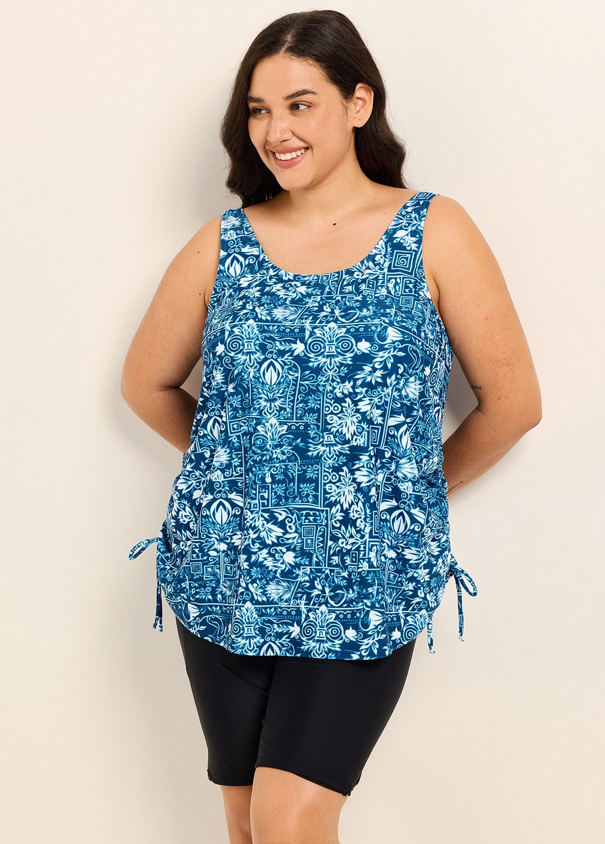 Navy Blue Floral Scoop Neck Vintage Drawstring Plus Size Women's Swimsuit Tankini Top