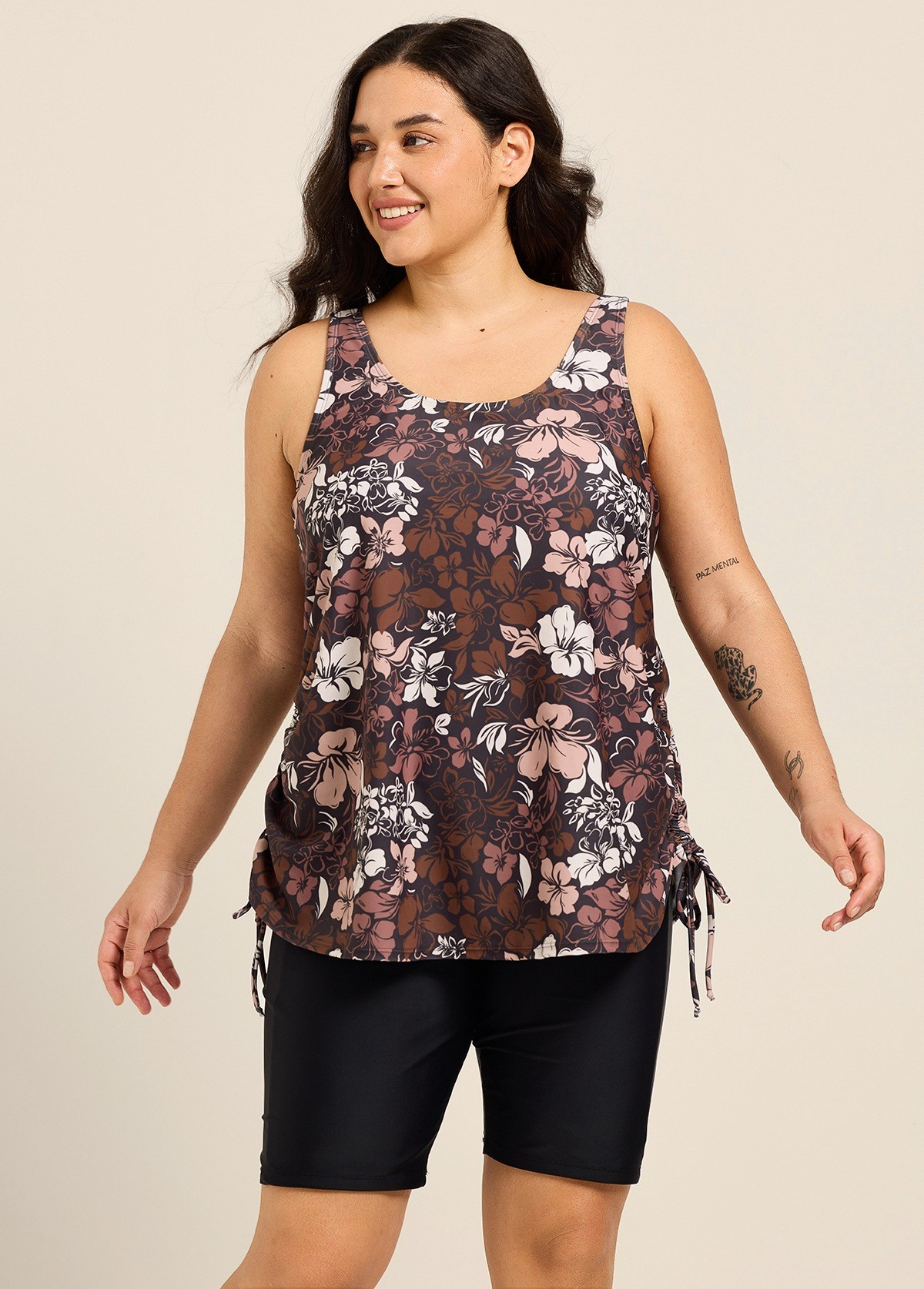 Brown Floral Scoop Neck Flattering Drawstring Curvy Women's Swimsuit Tankini Top