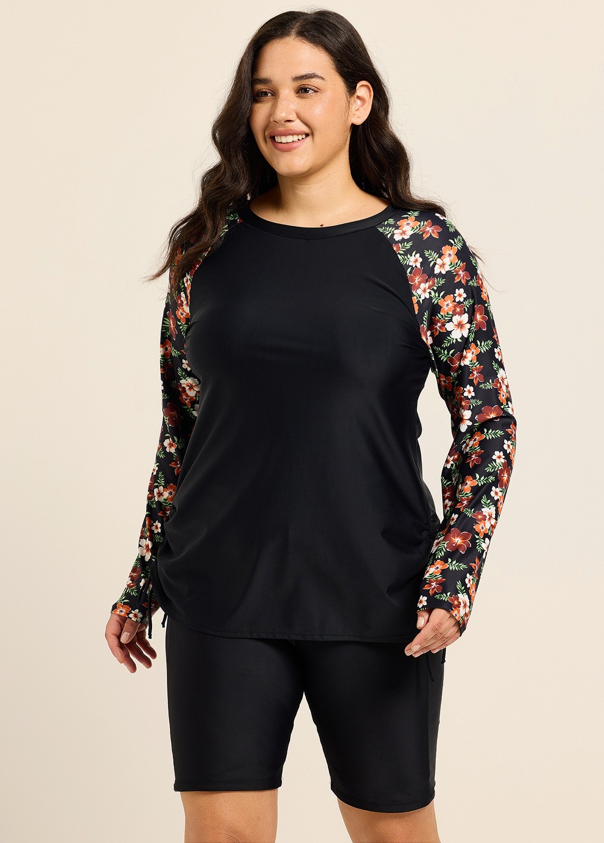 Black Floral Print Upf50+ Long Sleeves Modest Drawstring Plus Size Women's Swimsuit Tankini Top