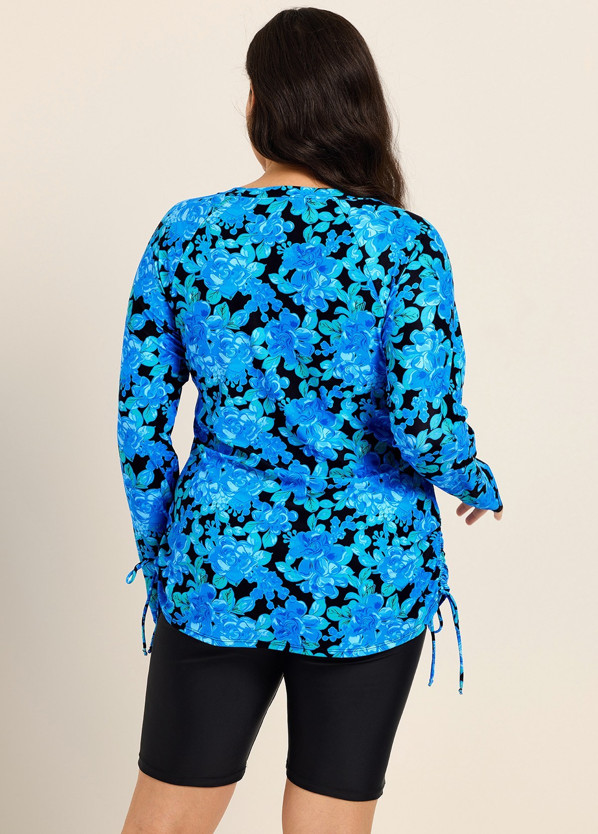 Curvy Blue Floral Upf50+ Long Sleeves Vintage Women's Swimsuit Tankini Top