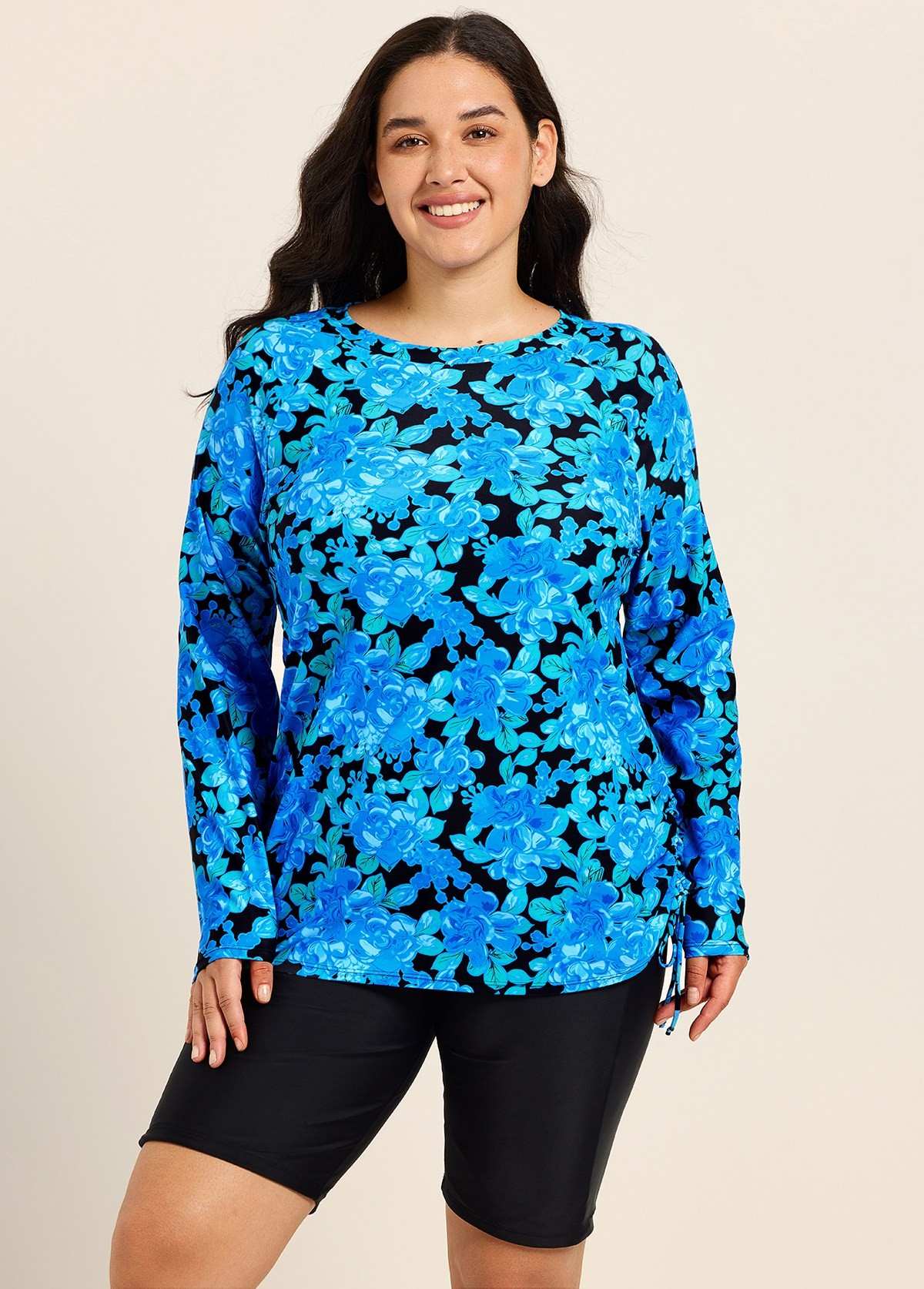 Curvy Blue Floral Upf50+ Long Sleeves Vintage Women's Swimsuit Tankini Top