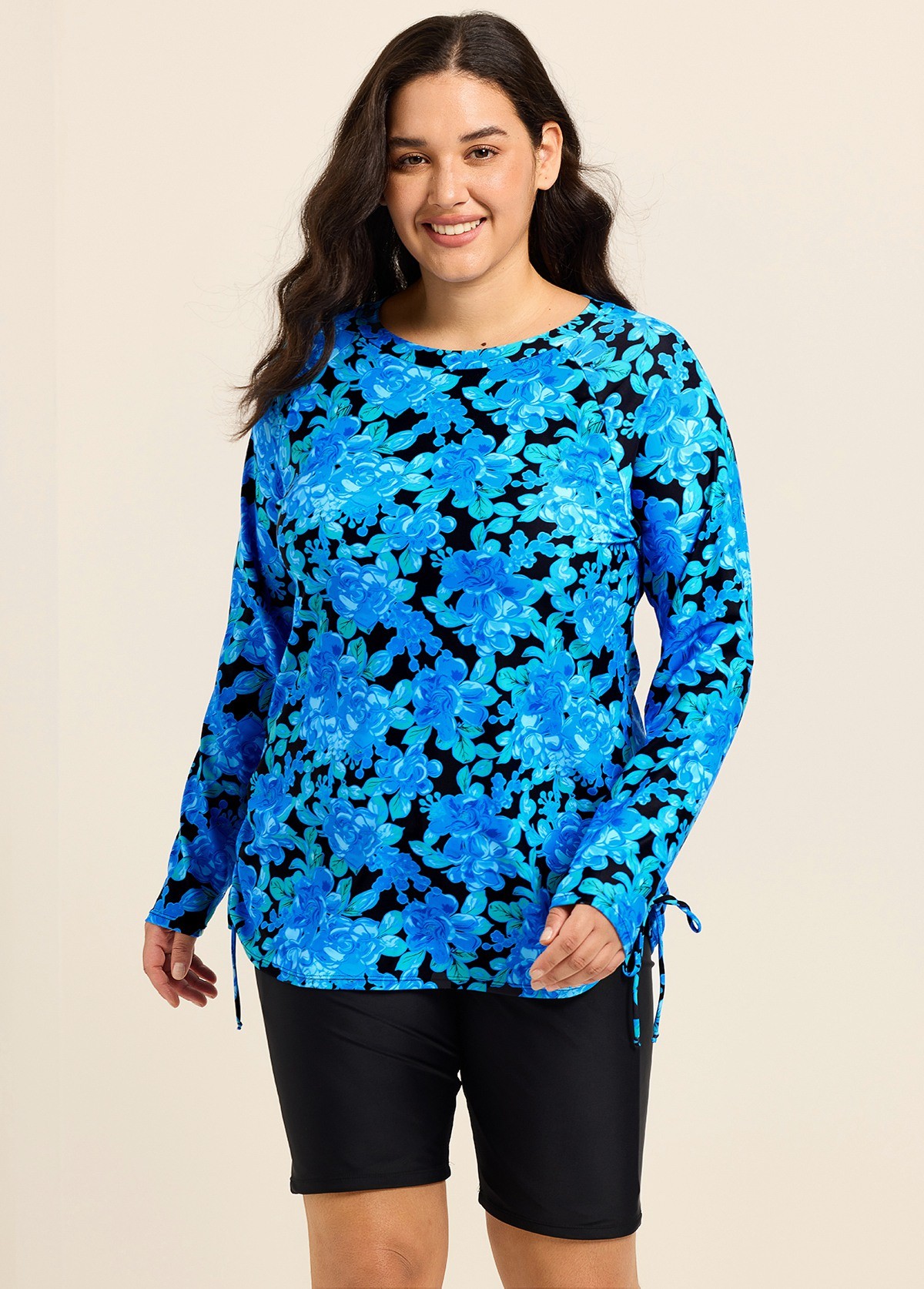 Curvy Blue Floral Upf50+ Long Sleeves Vintage Women's Swimsuit Tankini Top