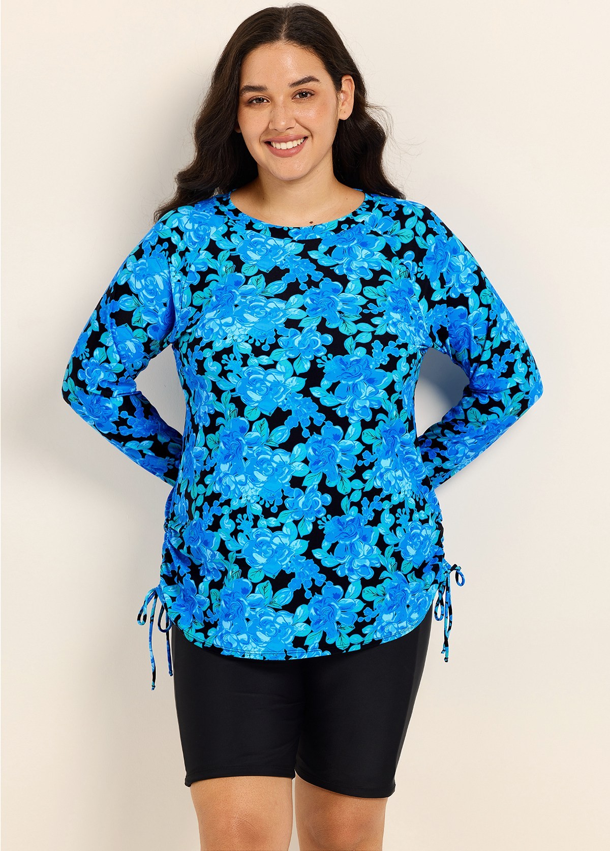 Curvy Blue Floral Upf50+ Long Sleeves Vintage Women's Swimsuit Tankini Top