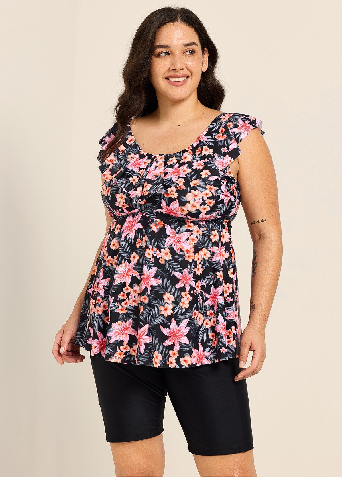 Black Pink Floral Print Scoop Neck Built In Bra Ruffle Plus Size Women's Swimsuit Tankini Top