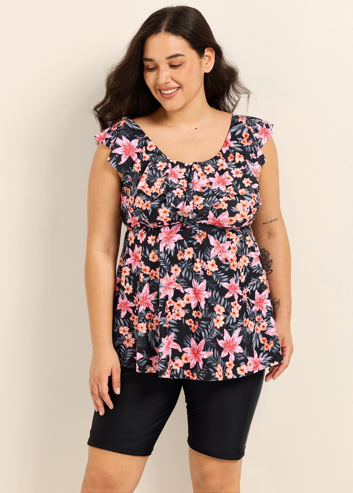 Black Pink Floral Print Scoop Neck Built In Bra Ruffle Plus Size Women's Swimsuit Tankini Top