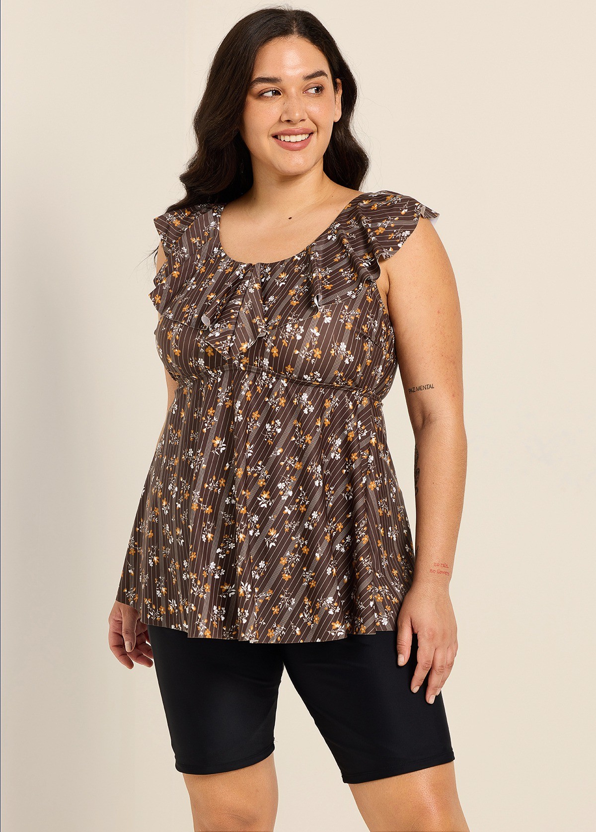 Brown Striped Floral Print Scoop Neck Modest Built In Bra Ruffle Curvy Women's Swimsuit Tankini Top