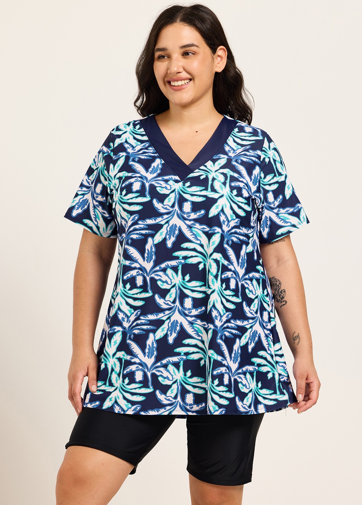 Curvy Blue Leaf V Neck Upf50+ Short Sleeves Modest Padded Swimsuit Long Tankini Top