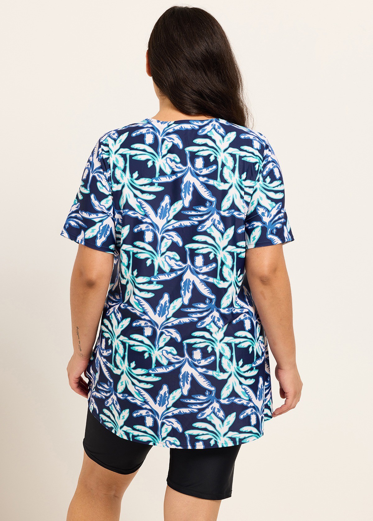 Curvy Blue Leaf V Neck Upf50+ Short Sleeves Modest Padded Swimsuit Long Tankini Top