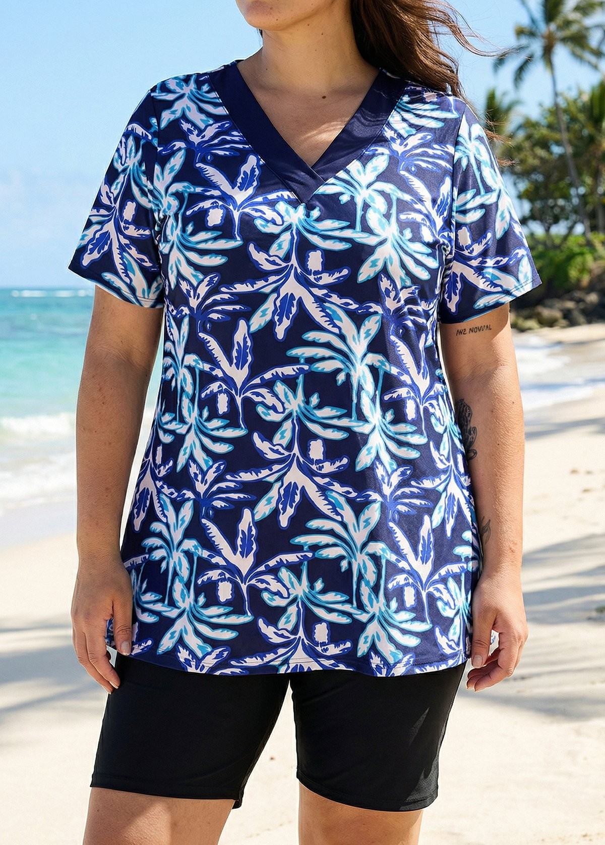 Curvy Blue Leaf V Neck Upf50+ Short Sleeves Modest Padded Swimsuit Long Tankini Top