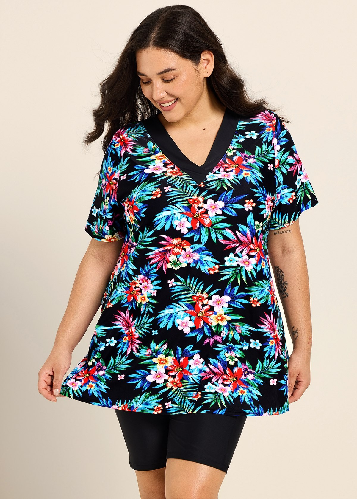 Plus Size Black Floral V Neck Upf50+ Short Sleeves Modest Padded Swimsuit Long Tankini Top