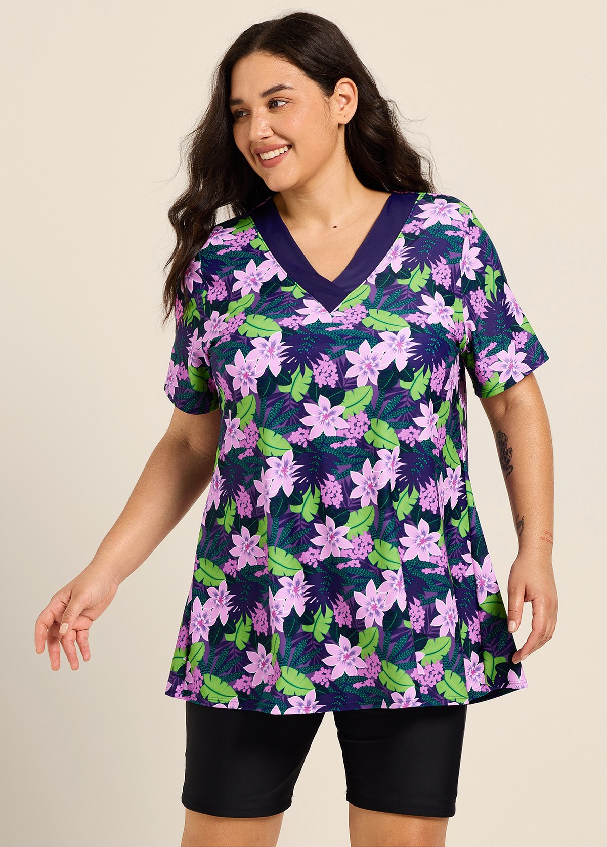 Green Leaf V Neck Upf50+ Short Sleeves Modest Padded Curvy Swimsuit Long Tankini Top