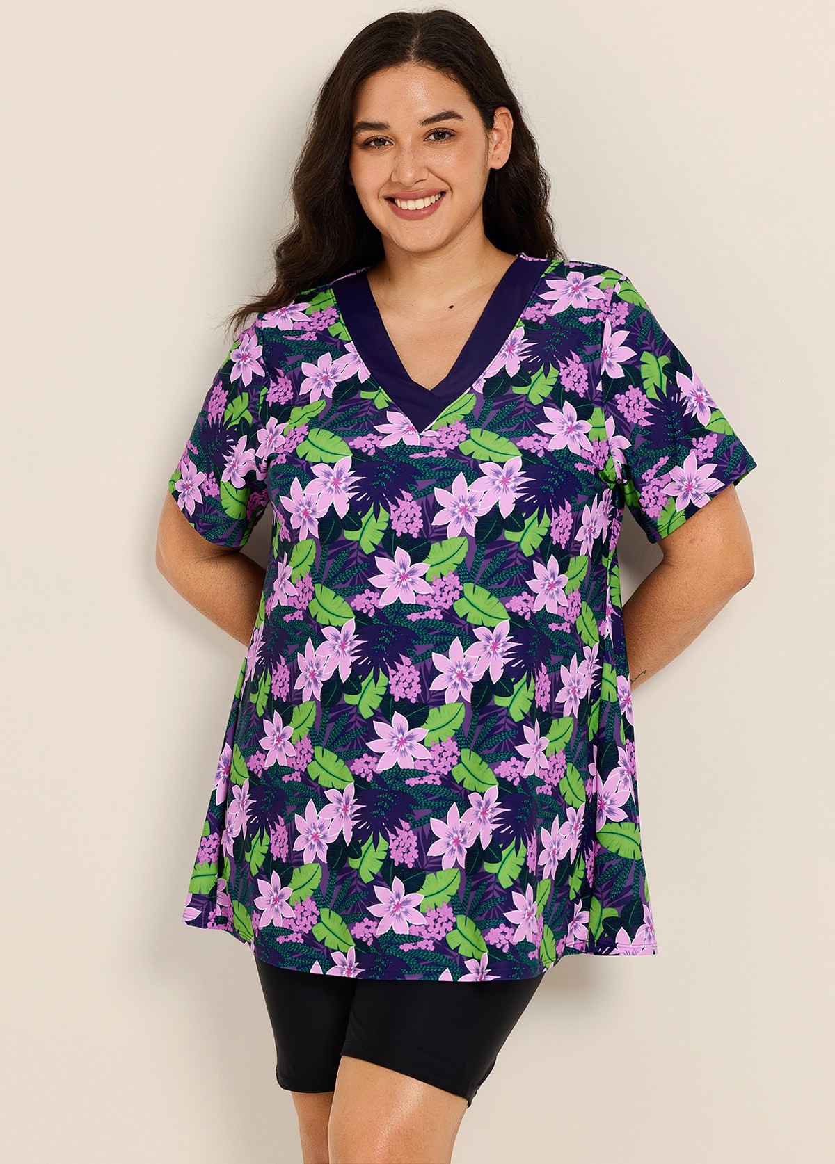 Green Leaf V Neck Upf50+ Short Sleeves Modest Padded Curvy Swimsuit Long Tankini Top