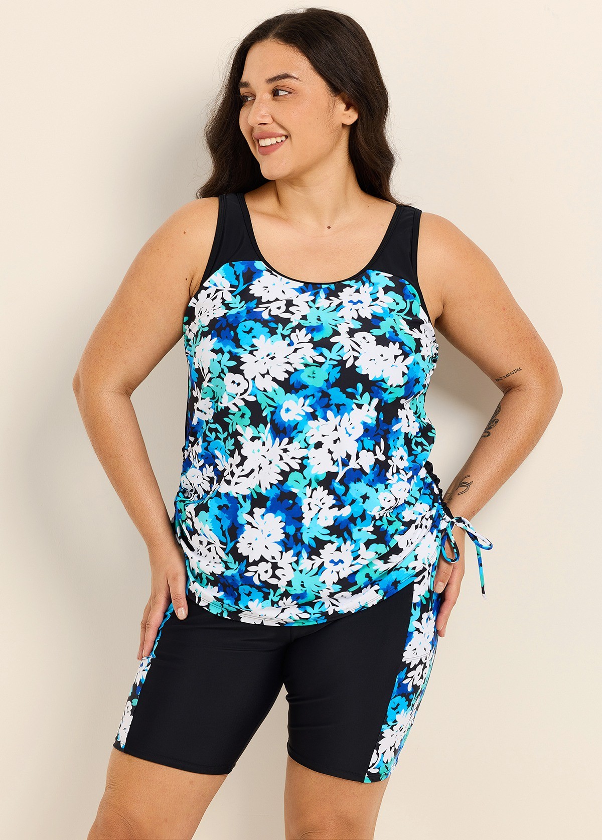 Curvy Blue Floral Scoop Neck Flattering Side Drawstring Women's Swimsuit Two Piece Tankini Set