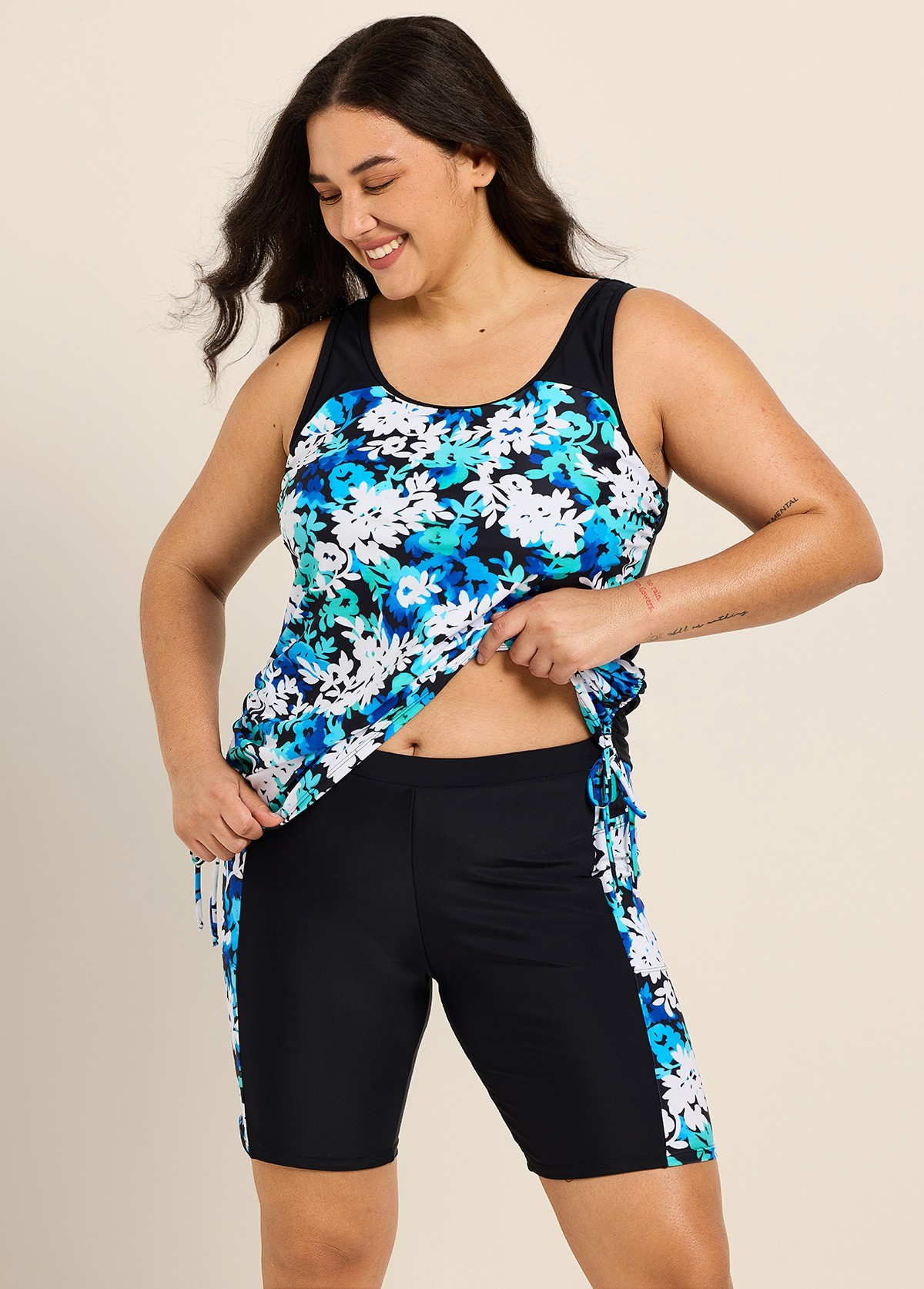 Curvy Blue Floral Scoop Neck Flattering Side Drawstring Women's Swimsuit Two Piece Tankini Set