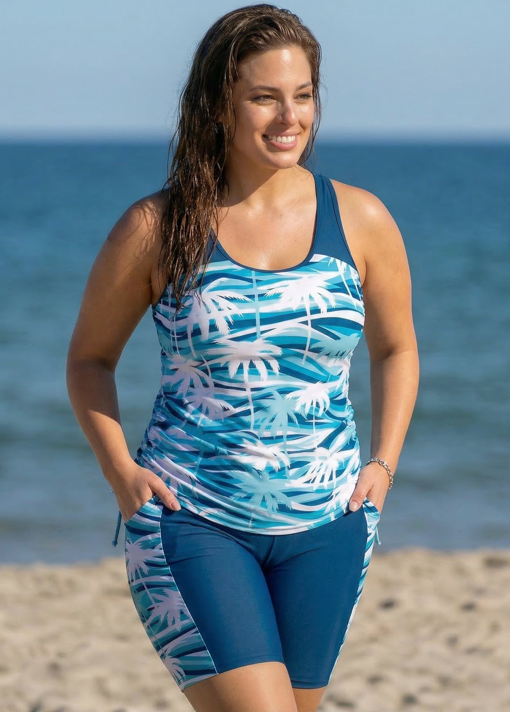 Plus Size Blue And White Palm Trees Scoop Neck Vintage Women's Swimsuit Tankini Set