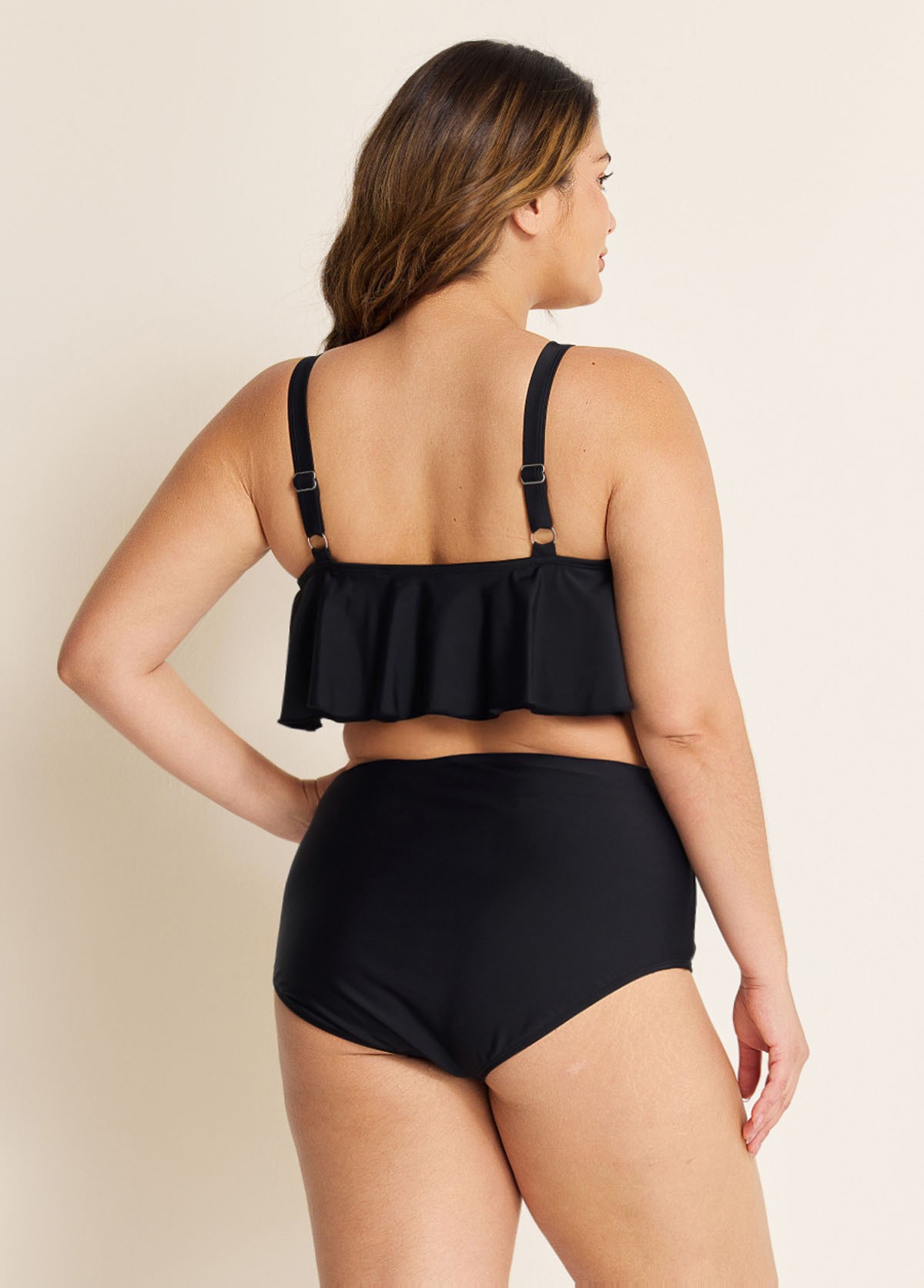 Black Scoop Neck Ruffles High Waist Bikini Top