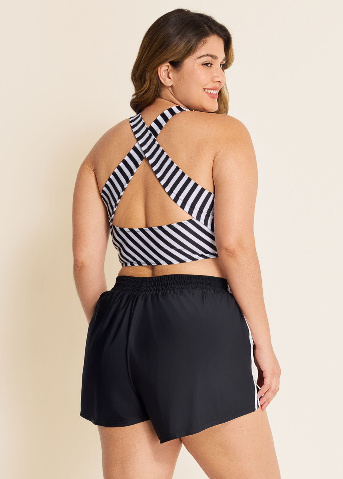 Black And White Striped Criss Cross Bikini Top