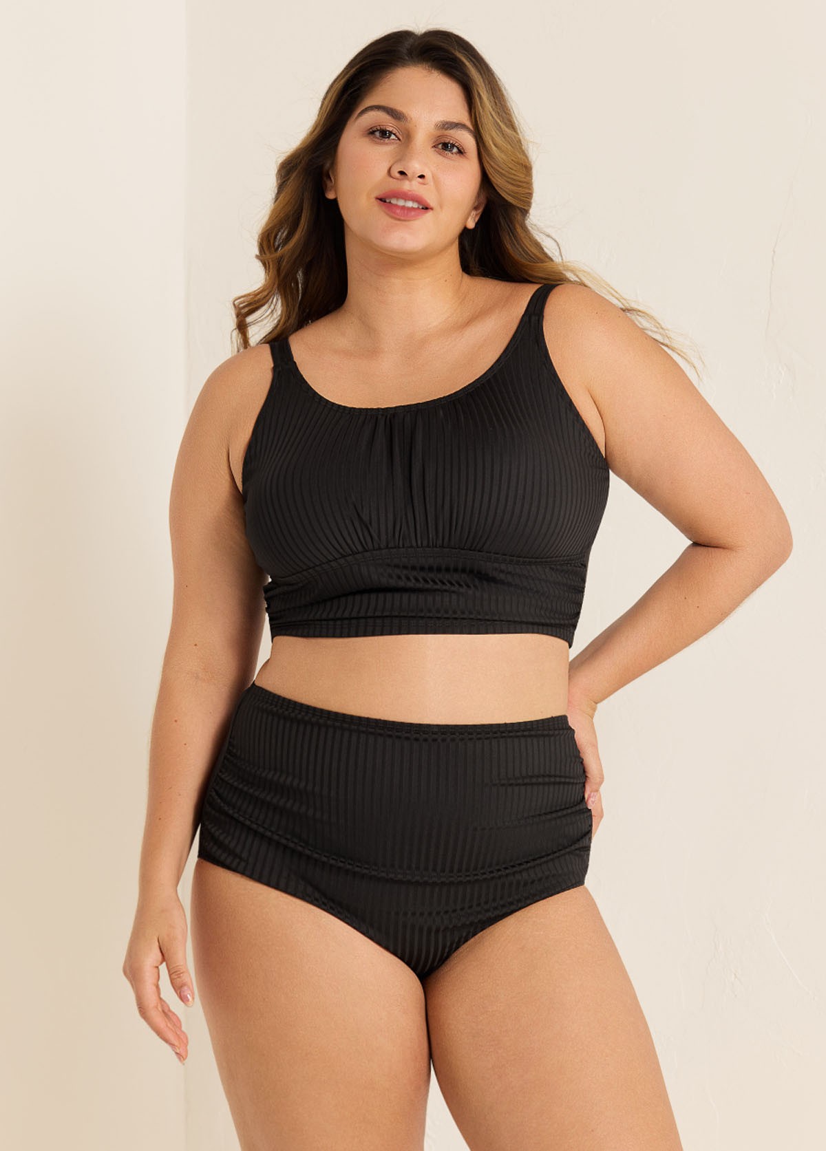Black Puckered Halter Plus Size Modest Bikini Set