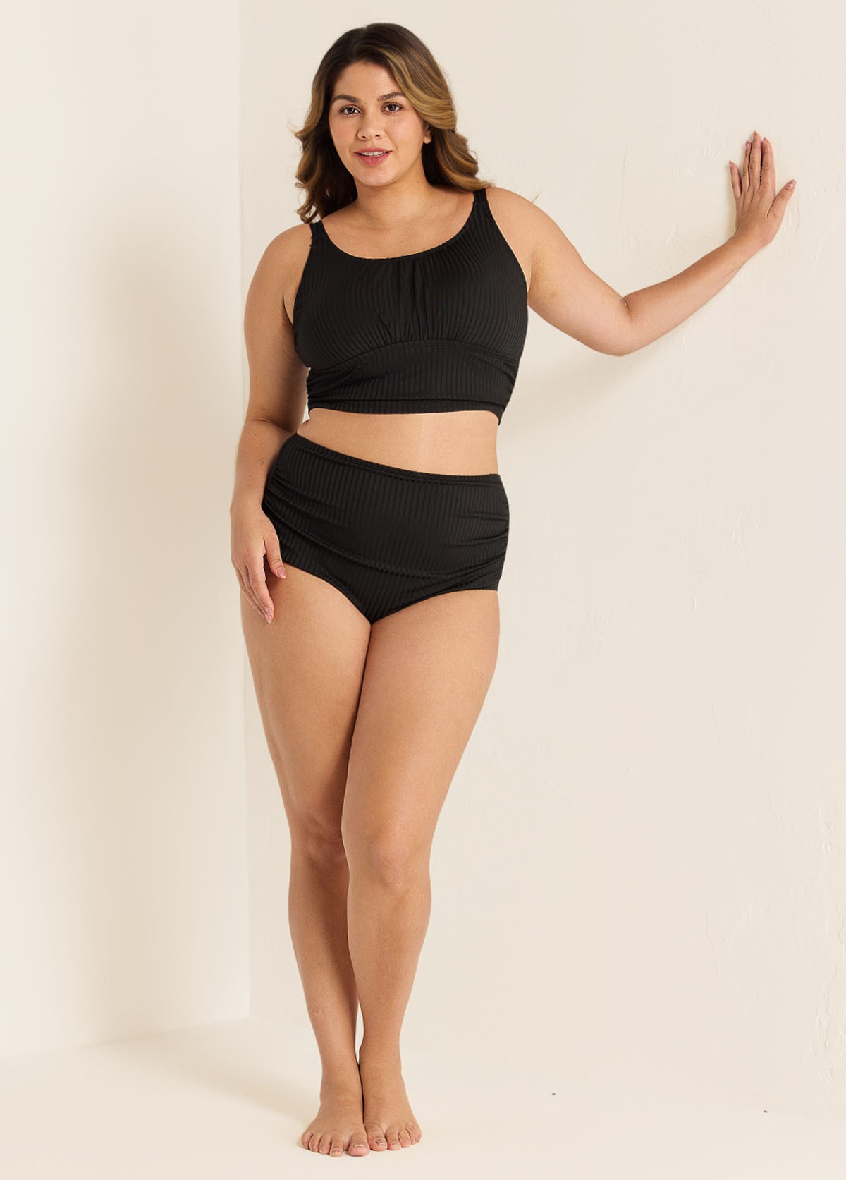 Black Puckered Halter Plus Size Modest Bikini Set
