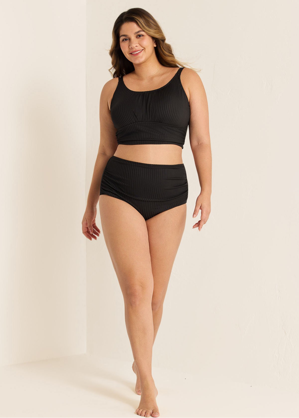 Black Puckered Halter Plus Size Modest Bikini Set