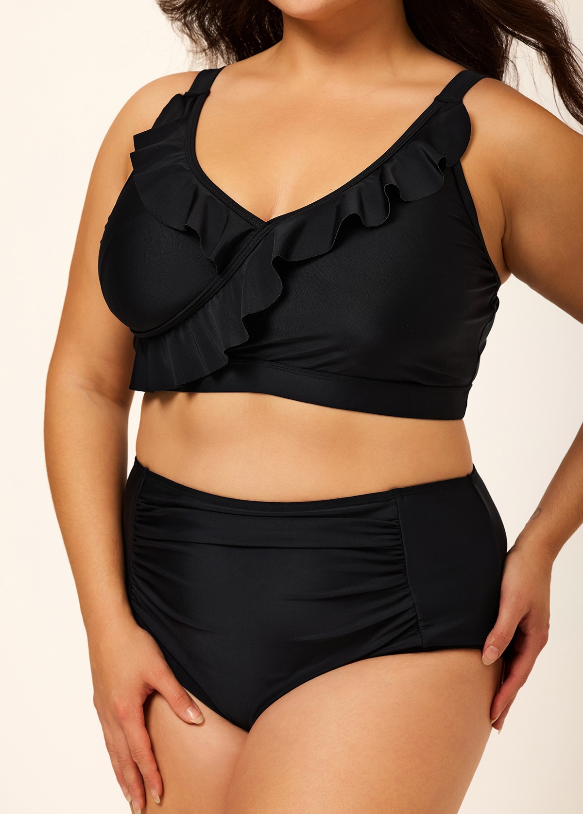 Plus Size Black With Frill Details Modest Elegant Bikini Swimsuit Top