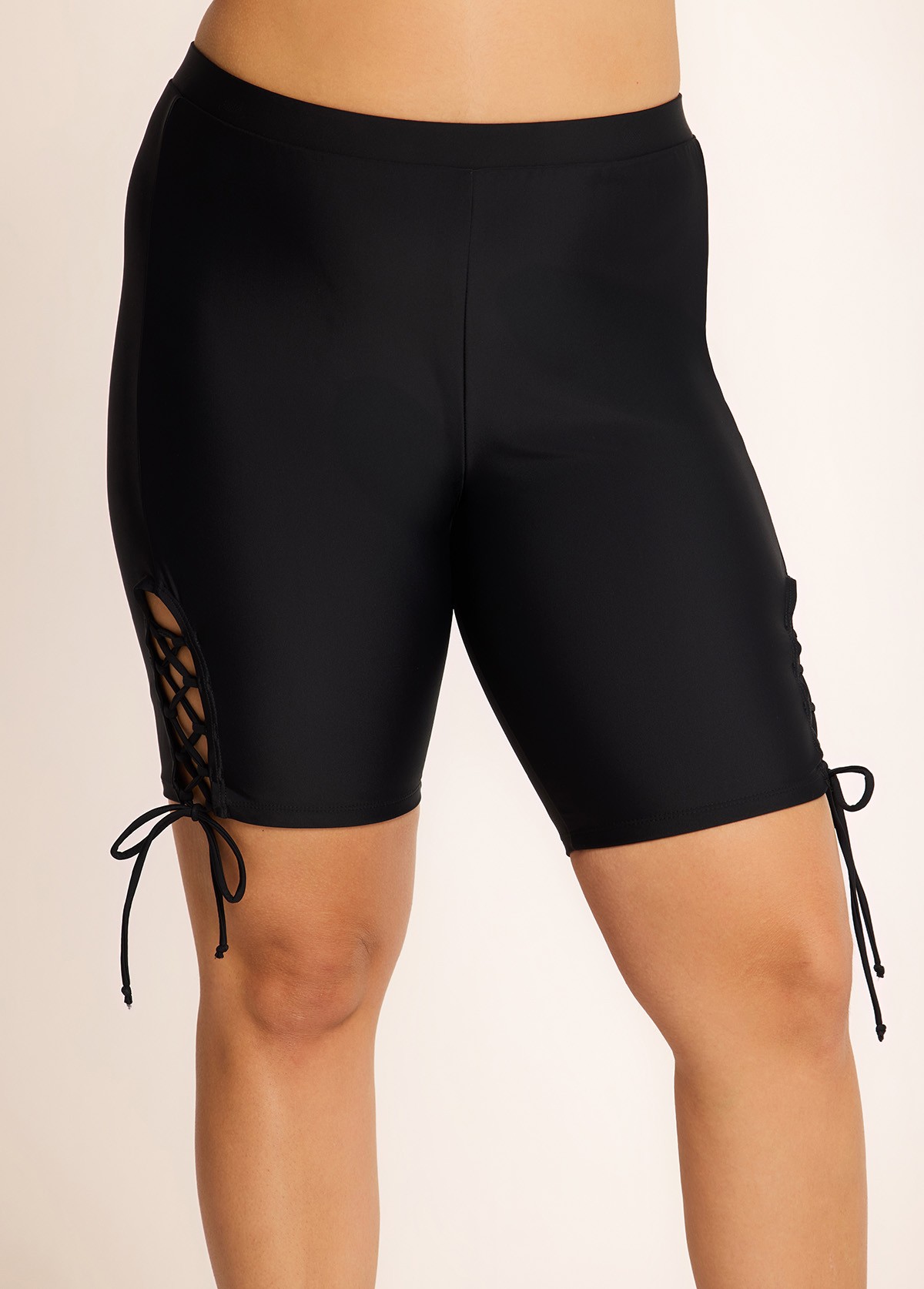 Black Lace Up Side Black Mid Waist Swim Bottom