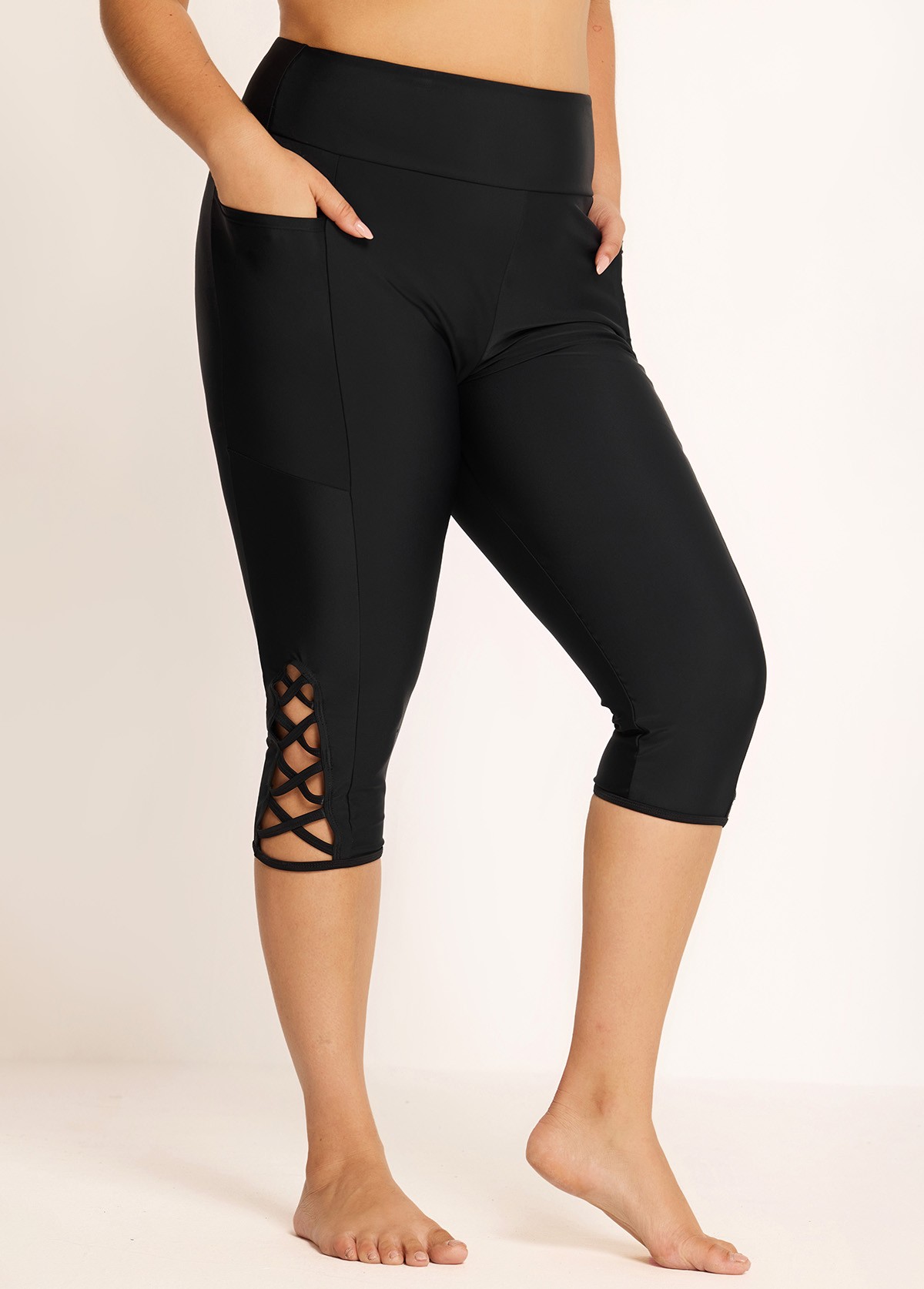Plus Size Black High Waisted Tummy Control Side Pocket Swimsuit Bottom Swim Capri Pants