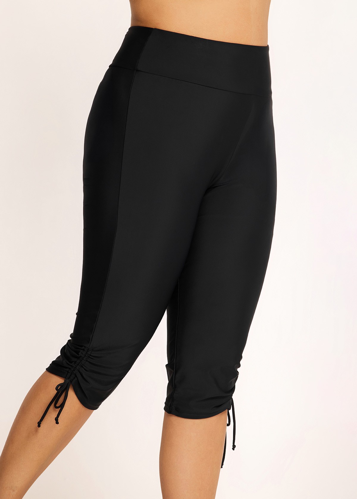 Plus Size Black High Waisted Tummy Control Side Drawstring Swimsuits Bottom Capri Pants