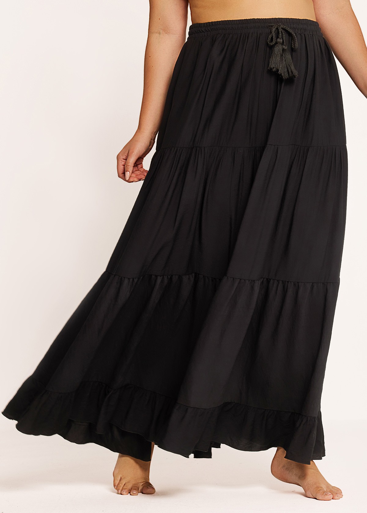 Curvy Black Drawstring Casual Beach Cover Up Dress