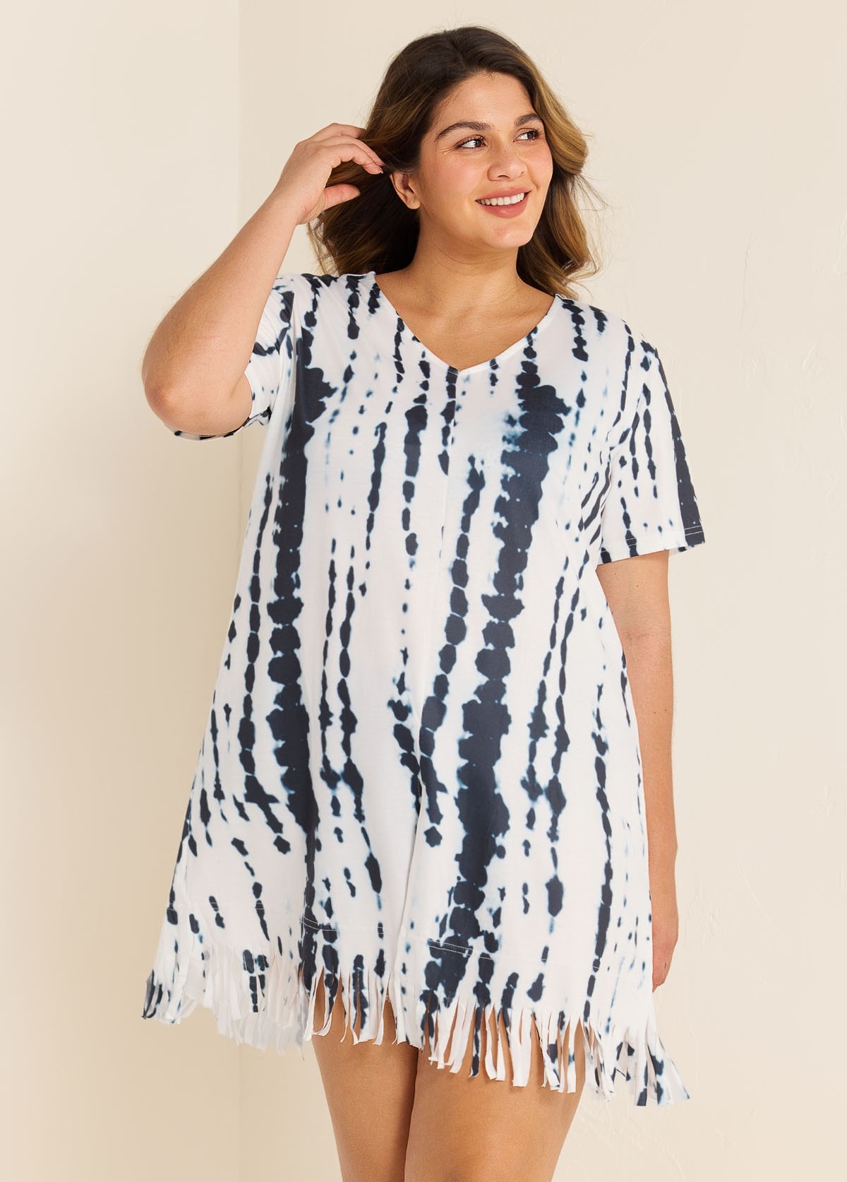 V-Neck Slit Fringe Trim Tunic Cover Up