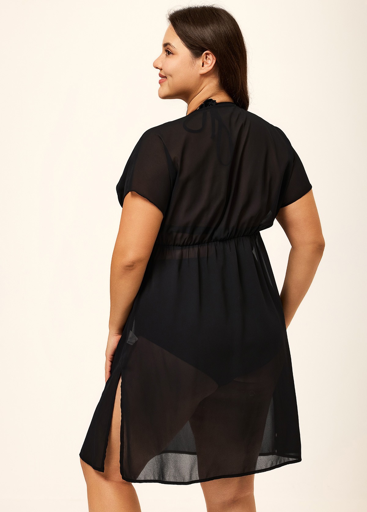 Black V Neck Semi-Sheer Split Boho Style Cover Up