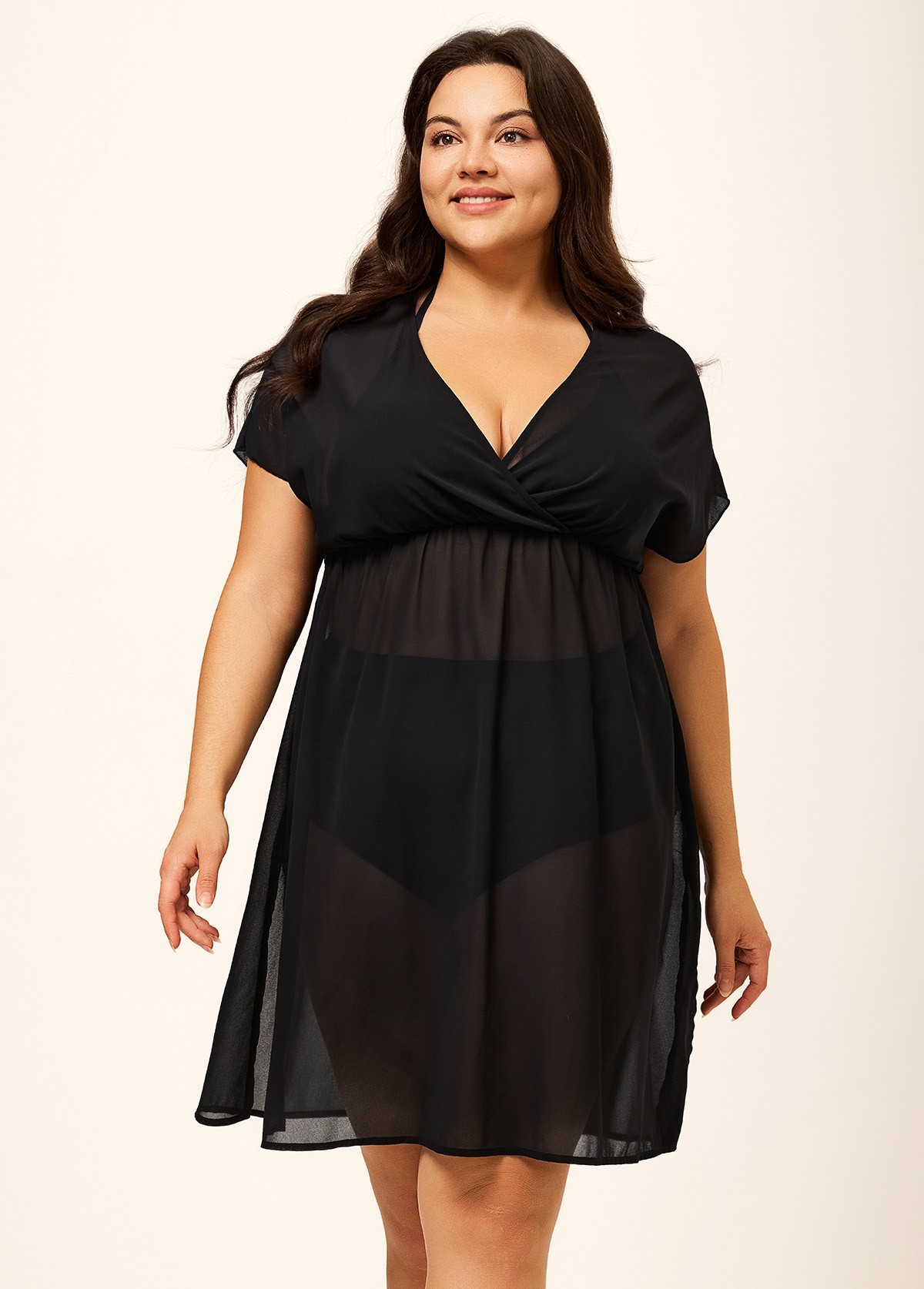 Black V Neck Semi-Sheer Split Boho Style Cover Up